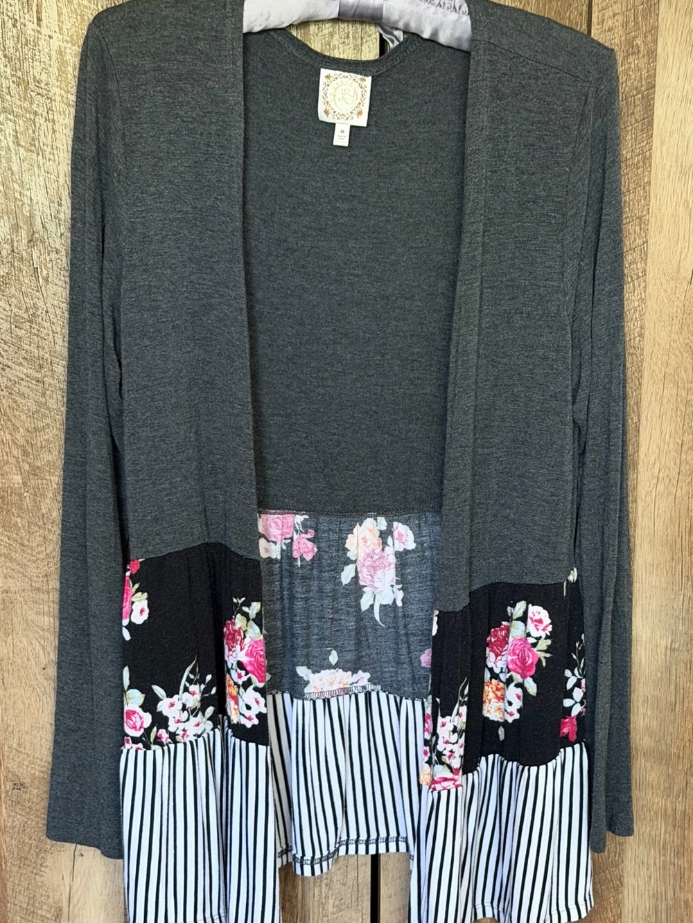Women's Dark Gray Open-Front Cardigan with Pink Floral & Striped Hem